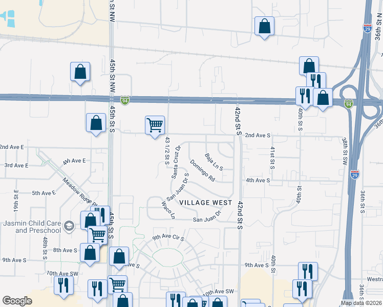map of restaurants, bars, coffee shops, grocery stores, and more near 4401-4599 Domingo Road in Fargo