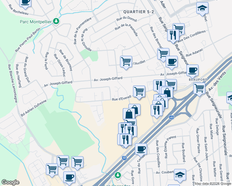 map of restaurants, bars, coffee shops, grocery stores, and more near 502 Rue d'Everell in Québec