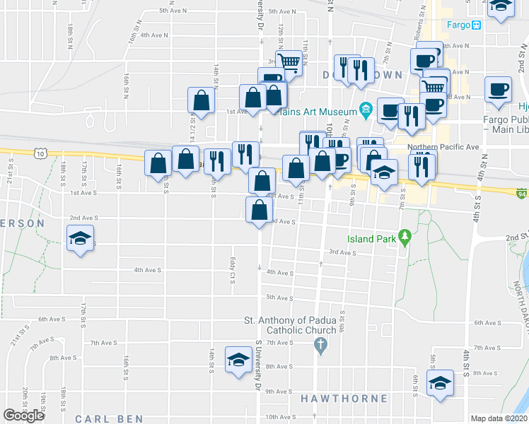 map of restaurants, bars, coffee shops, grocery stores, and more near 110 South University Drive in Fargo