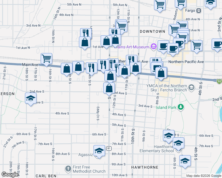 map of restaurants, bars, coffee shops, grocery stores, and more near 110 South University Drive in Fargo