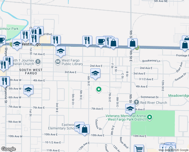 map of restaurants, bars, coffee shops, grocery stores, and more near 607 3rd Avenue East in West Fargo