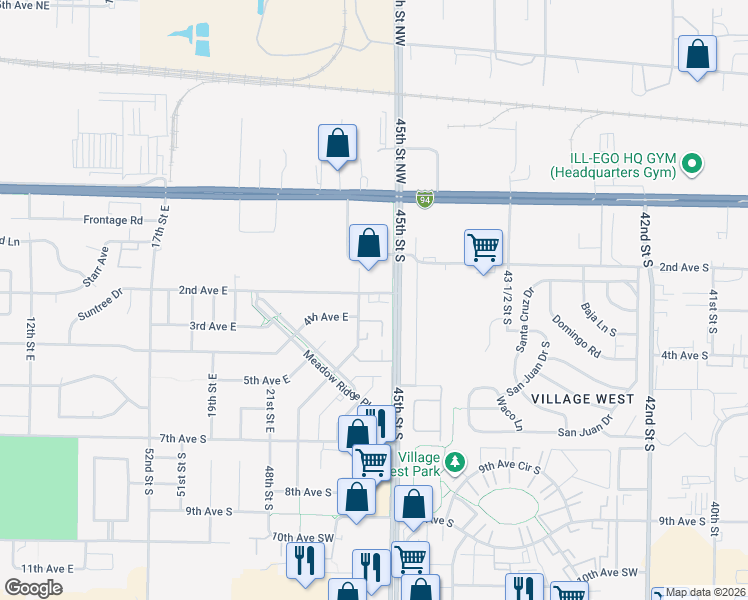 map of restaurants, bars, coffee shops, grocery stores, and more near 2215 2nd Avenue East in West Fargo