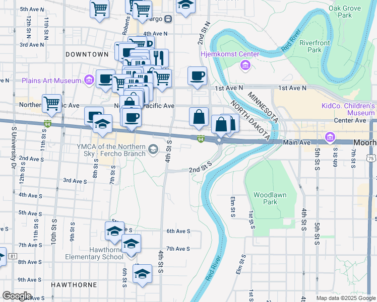 map of restaurants, bars, coffee shops, grocery stores, and more near 300 Main Avenue in Fargo