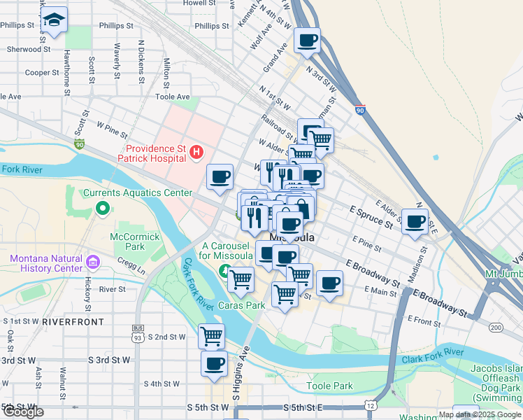 map of restaurants, bars, coffee shops, grocery stores, and more near 200 West Broadway Street in Missoula