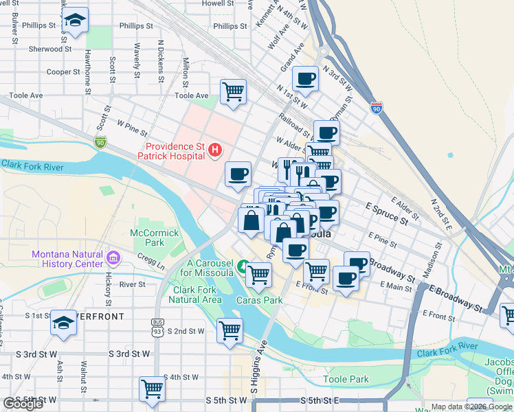 map of restaurants, bars, coffee shops, grocery stores, and more near 307 Woody Street in Missoula