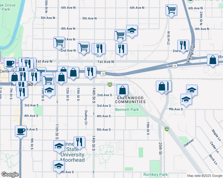 map of restaurants, bars, coffee shops, grocery stores, and more near 111 16th Street North in Moorhead