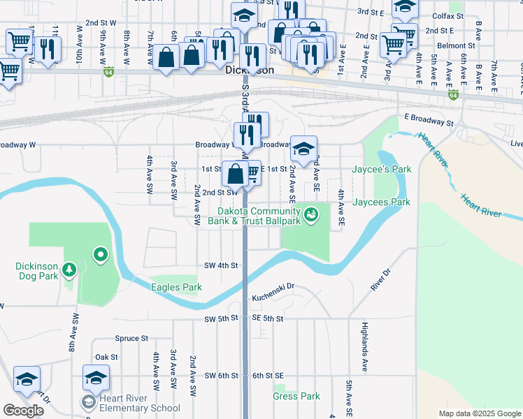 map of restaurants, bars, coffee shops, grocery stores, and more near 21 2nd Street Southeast in Dickinson