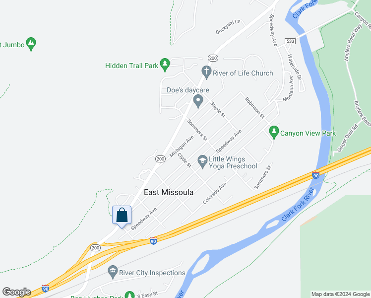 map of restaurants, bars, coffee shops, grocery stores, and more near 527 Michigan Avenue in Missoula