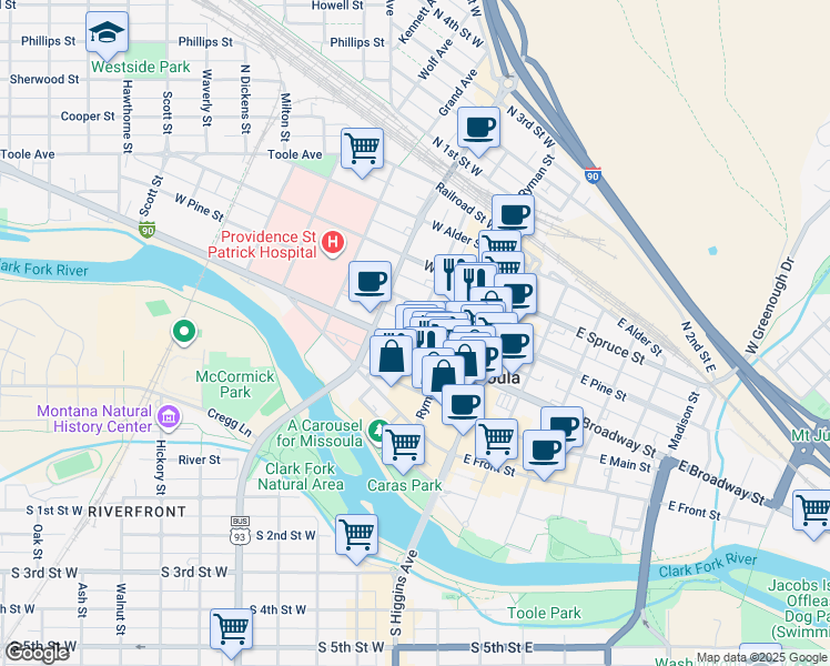 map of restaurants, bars, coffee shops, grocery stores, and more near 317 Woody Street in Missoula
