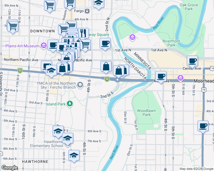 map of restaurants, bars, coffee shops, grocery stores, and more near 300 Main Avenue in Fargo