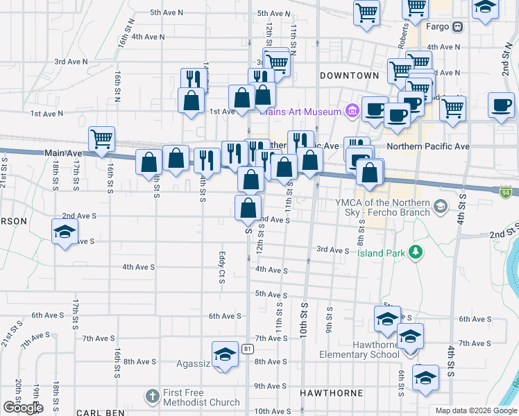 map of restaurants, bars, coffee shops, grocery stores, and more near 110 South University Drive in Fargo