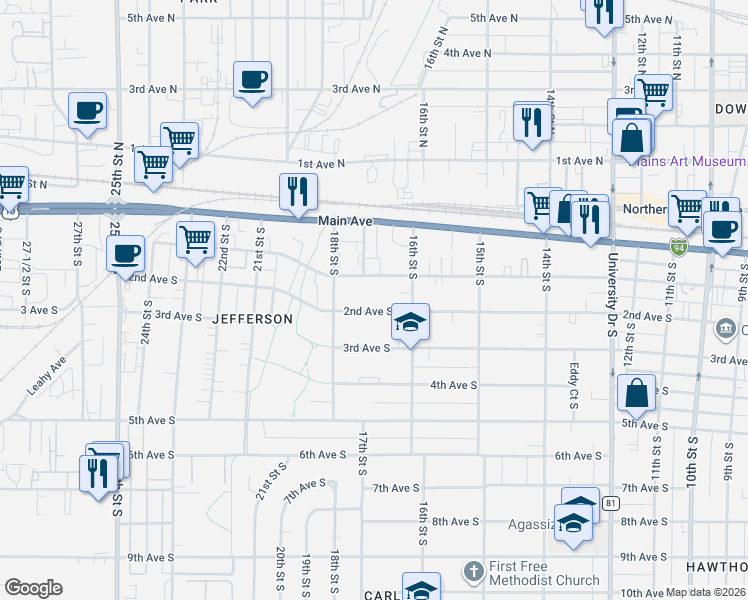 map of restaurants, bars, coffee shops, grocery stores, and more near 1630 1st Avenue South in Fargo