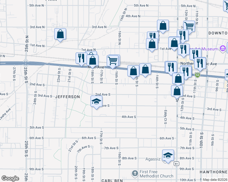 map of restaurants, bars, coffee shops, grocery stores, and more near 113 16th Street South in Fargo