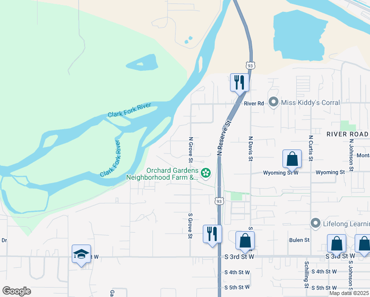 map of restaurants, bars, coffee shops, grocery stores, and more near 405 North Grove Street in Missoula