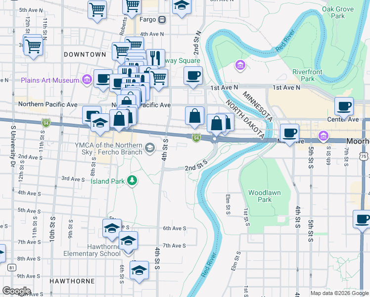 map of restaurants, bars, coffee shops, grocery stores, and more near 300 Main Avenue in Fargo