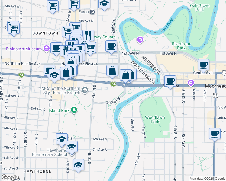 map of restaurants, bars, coffee shops, grocery stores, and more near 300 Main Avenue in Fargo