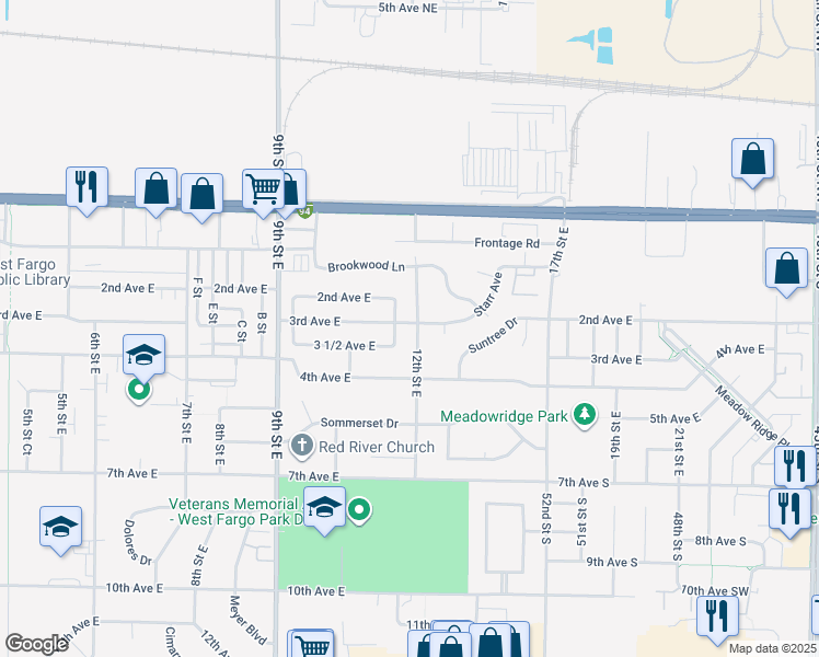 map of restaurants, bars, coffee shops, grocery stores, and more near 1100 3rd Avenue East in West Fargo