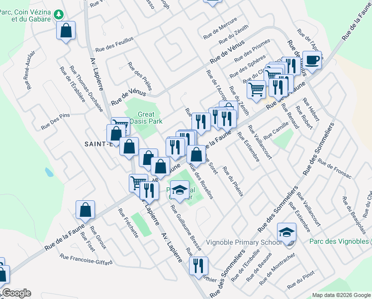 map of restaurants, bars, coffee shops, grocery stores, and more near 6261 Rue Alban-Rossignol in Québec City