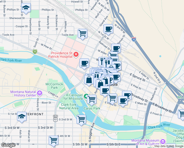 map of restaurants, bars, coffee shops, grocery stores, and more near 300 West Broadway Street in Missoula