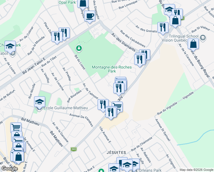 map of restaurants, bars, coffee shops, grocery stores, and more near 1140 Rue de l'Aigue Marine in Ville de Québec