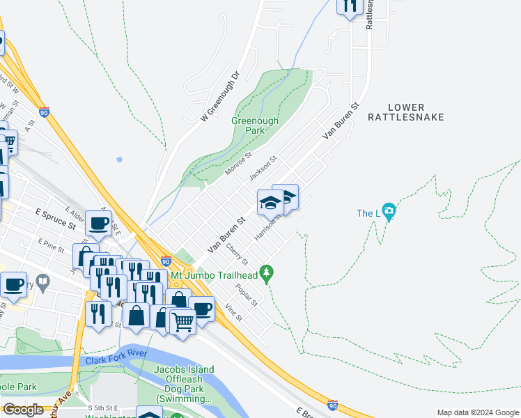 map of restaurants, bars, coffee shops, grocery stores, and more near 908 Elm Street in Missoula