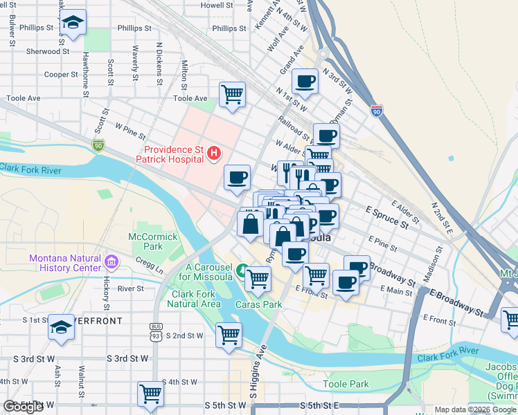 map of restaurants, bars, coffee shops, grocery stores, and more near 317 Woody Street in Missoula