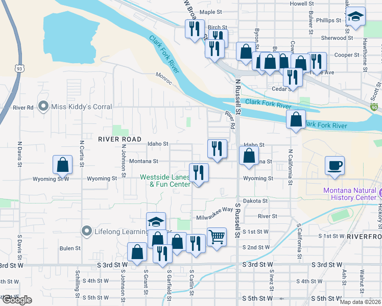 map of restaurants, bars, coffee shops, grocery stores, and more near 1701-1799 Marshall Dr in Missoula