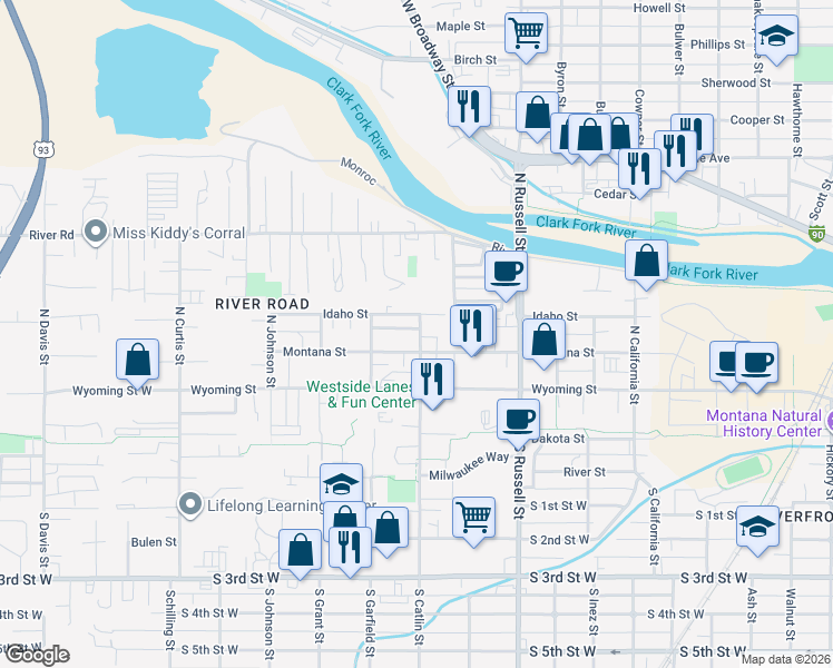 map of restaurants, bars, coffee shops, grocery stores, and more near 1701-1799 Marshall Dr in Missoula