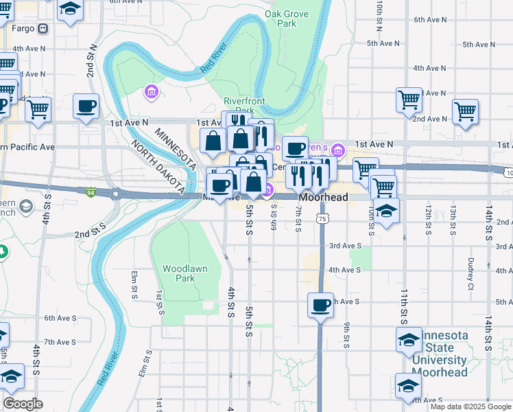 map of restaurants, bars, coffee shops, grocery stores, and more near 70 5th Street South in Moorhead