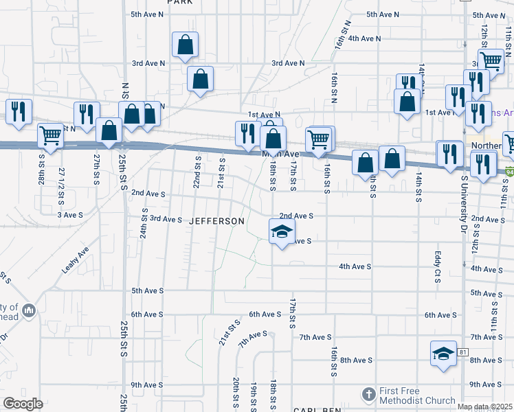 map of restaurants, bars, coffee shops, grocery stores, and more near 1819 2nd Avenue South in Fargo