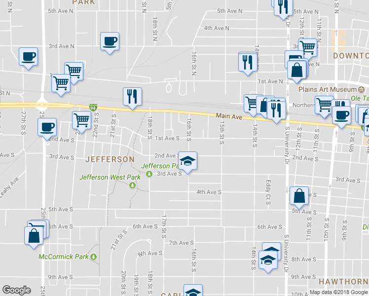 map of restaurants, bars, coffee shops, grocery stores, and more near 113 16th Street South in Fargo
