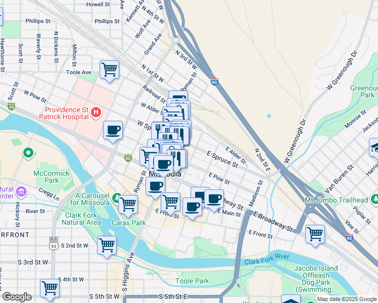 map of restaurants, bars, coffee shops, grocery stores, and more near 111 East Spruce Street in Missoula
