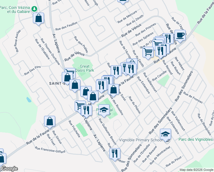 map of restaurants, bars, coffee shops, grocery stores, and more near 6261 Rue Alban-Rossignol in Québec City
