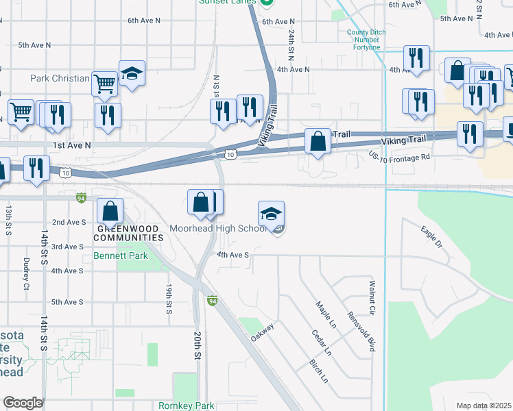 map of restaurants, bars, coffee shops, grocery stores, and more near 324 24th Street South in Moorhead