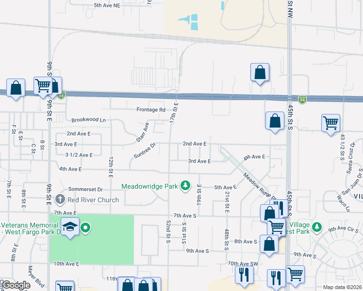 map of restaurants, bars, coffee shops, grocery stores, and more near 201 17 1/2 Street East in West Fargo