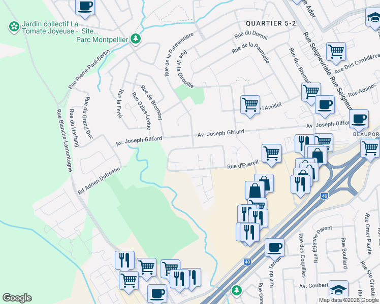 map of restaurants, bars, coffee shops, grocery stores, and more near 242 Rue Elzéar Verreault in Québec