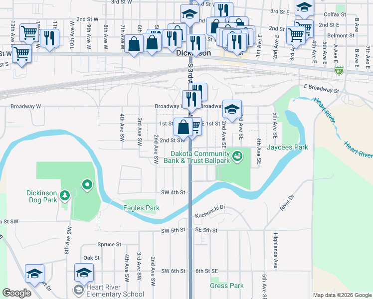 map of restaurants, bars, coffee shops, grocery stores, and more near 228 South Main Avenue in Dickinson