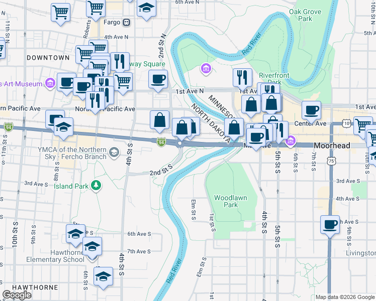 map of restaurants, bars, coffee shops, grocery stores, and more near 100 Main Avenue in Fargo
