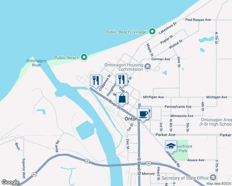 map of restaurants, bars, coffee shops, grocery stores, and more near 501-599 Michigan Street in Ontonagon