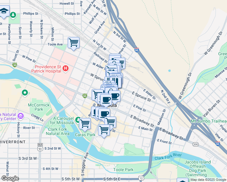 map of restaurants, bars, coffee shops, grocery stores, and more near 424 North Higgins Avenue in Missoula