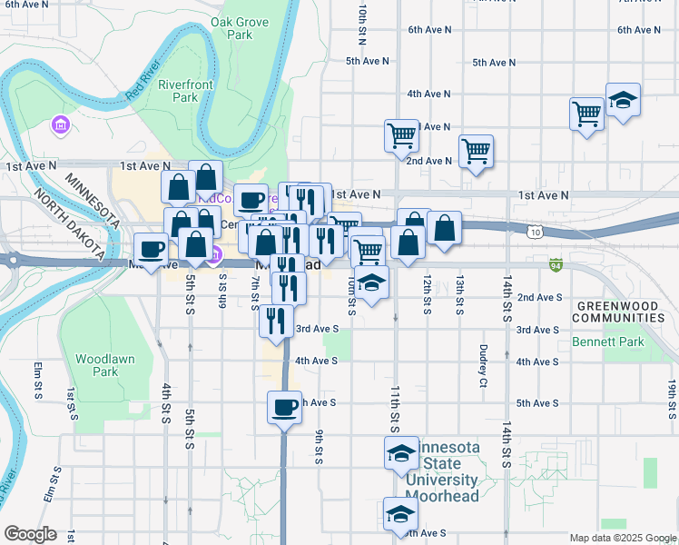 map of restaurants, bars, coffee shops, grocery stores, and more near 923 Main Avenue in Moorhead