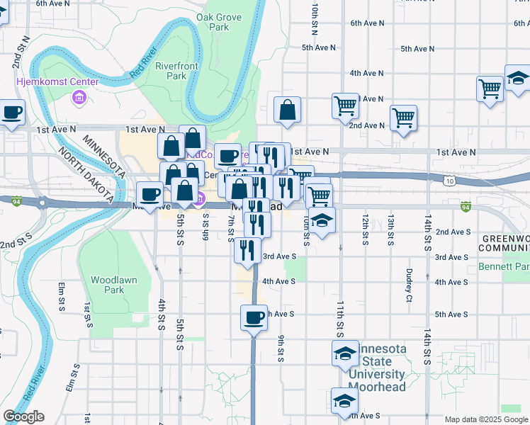 map of restaurants, bars, coffee shops, grocery stores, and more near in Moorhead
