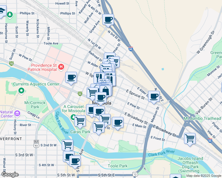 map of restaurants, bars, coffee shops, grocery stores, and more near 424 North Higgins Avenue in Missoula