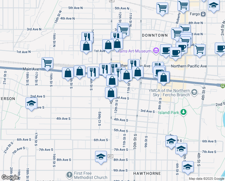 map of restaurants, bars, coffee shops, grocery stores, and more near 110 South University Drive in Fargo