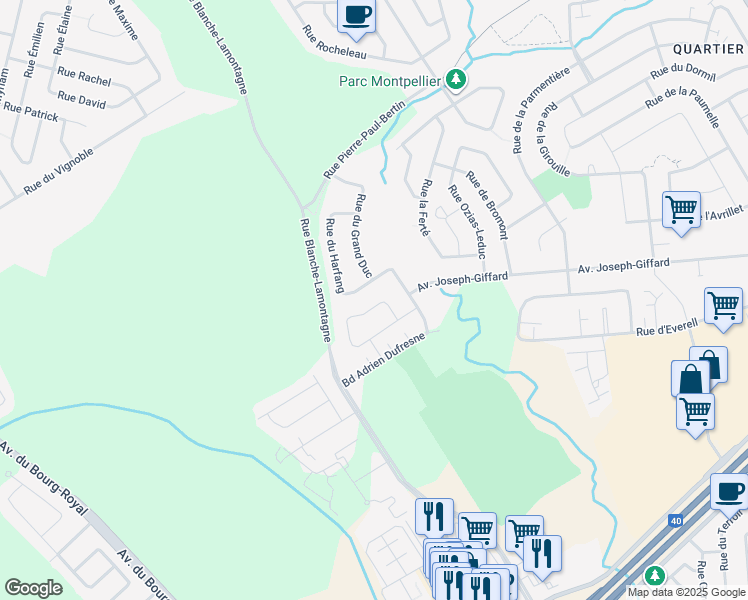 map of restaurants, bars, coffee shops, grocery stores, and more near 2842 Rue du Hibou in Québec