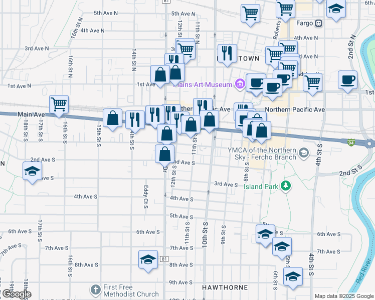 map of restaurants, bars, coffee shops, grocery stores, and more near 1108 1st Avenue South in Fargo