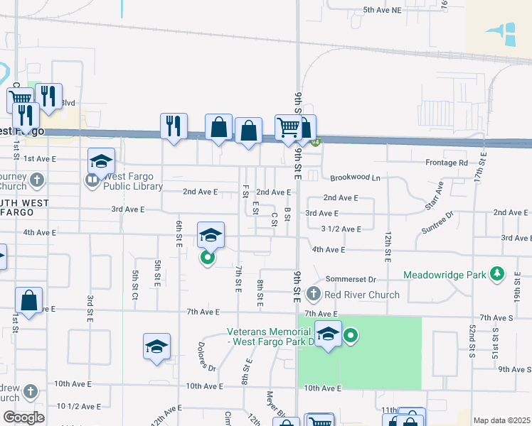 map of restaurants, bars, coffee shops, grocery stores, and more near 460 3rd Avenue East in West Fargo