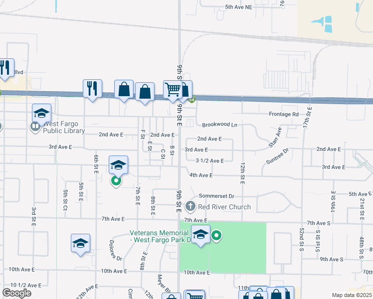 map of restaurants, bars, coffee shops, grocery stores, and more near 900 3rd Avenue East in West Fargo