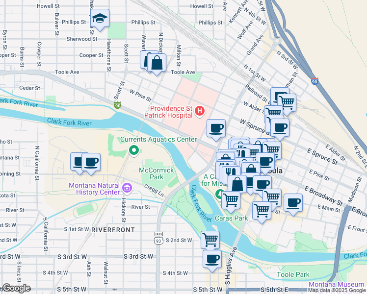 map of restaurants, bars, coffee shops, grocery stores, and more near 510 West Front Street in Missoula