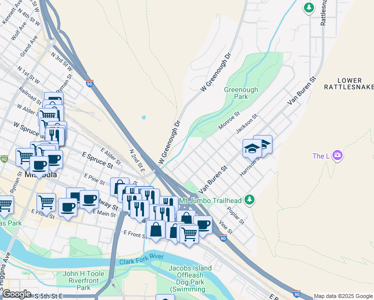 map of restaurants, bars, coffee shops, grocery stores, and more near 813 Monroe Street in Missoula